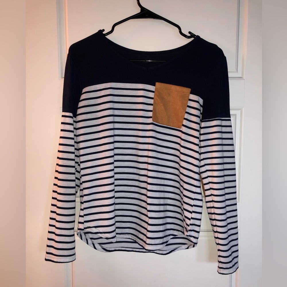 Long sleeved navy and white striped shirt